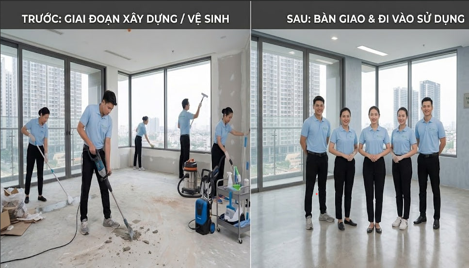 Trước và sau vệ sinh căn hộ mới bàn giao Thủ Thiêm